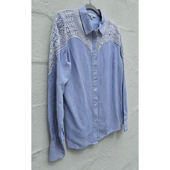 Calligraphie Anthropologie Top Large Blue White Striped Button Up Ivory Crochet - Picture 2 of 13
